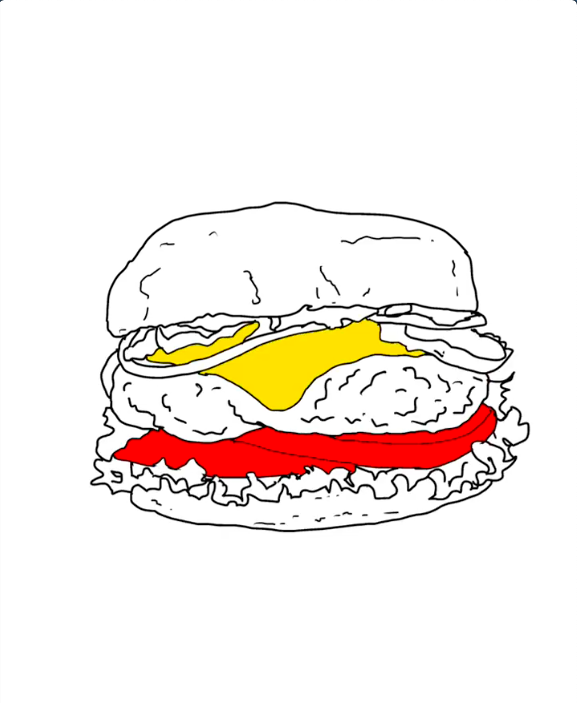 Étape 13 pour dessiner un hamburger avec IbisPaint - Utilisez l'outil pot de peinture pour remplir le contour des tomates avec un rouge vif
