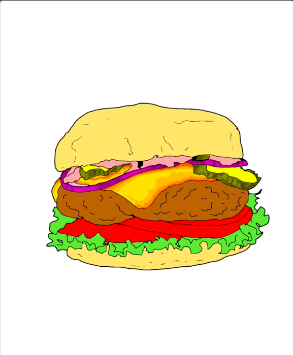 Étape 25 pour dessiner un hamburger avec IbisPaint - Avec l'outil pinceau, ajoutez un vert kaki encore plus foncé pour créer des textures de profondeur sur la peau des cornichons